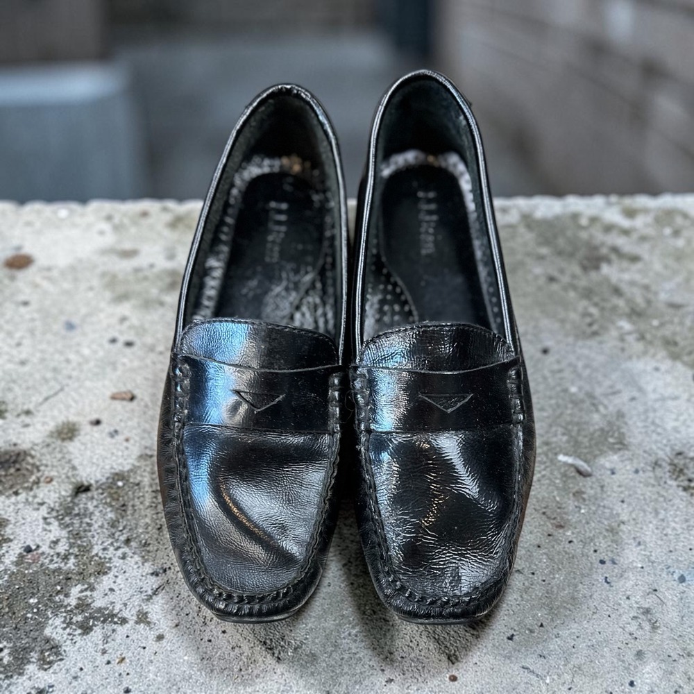 LL Bean Penny Loafers 7.5 Black Excellent Patent Leather Driving Mocs 258584